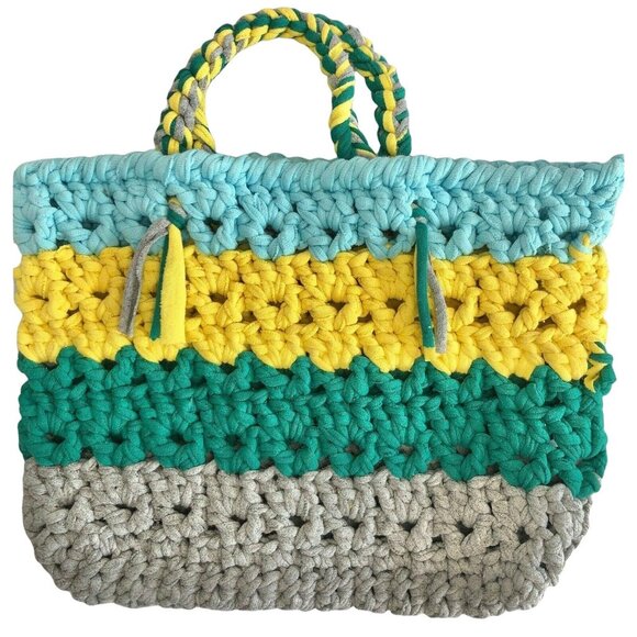 Handcrafted Multicolor Crochet Tote Bag With Braided Handles Unique Design Retro - Picture 1 of 6